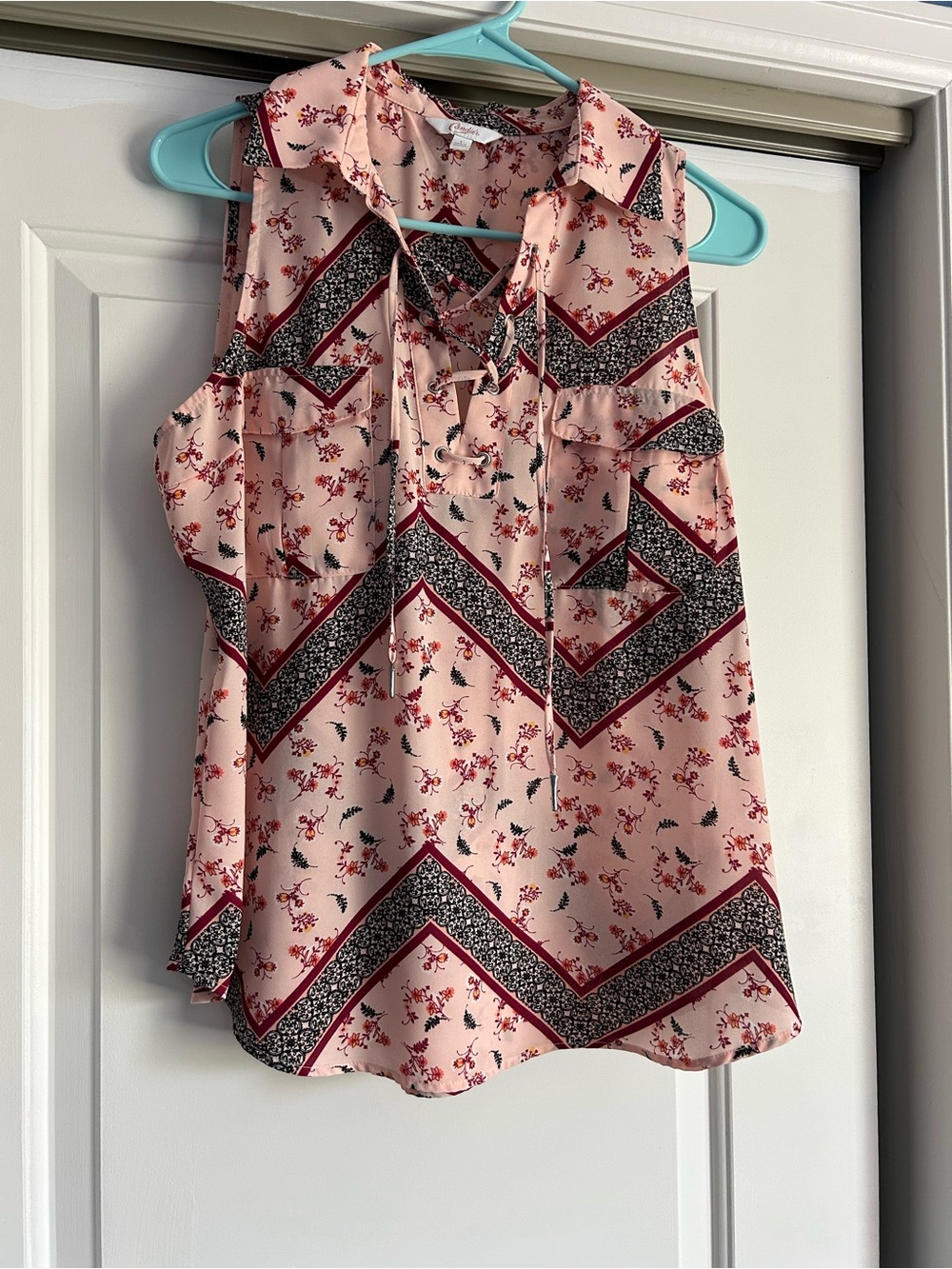 Candie's Pink Floral Chevron Lace-Up Sleeveless Top